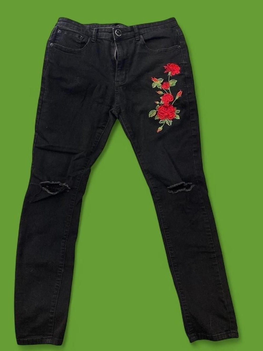 Forever 21 Black Skinny Jeans with Red Rose Embroidery